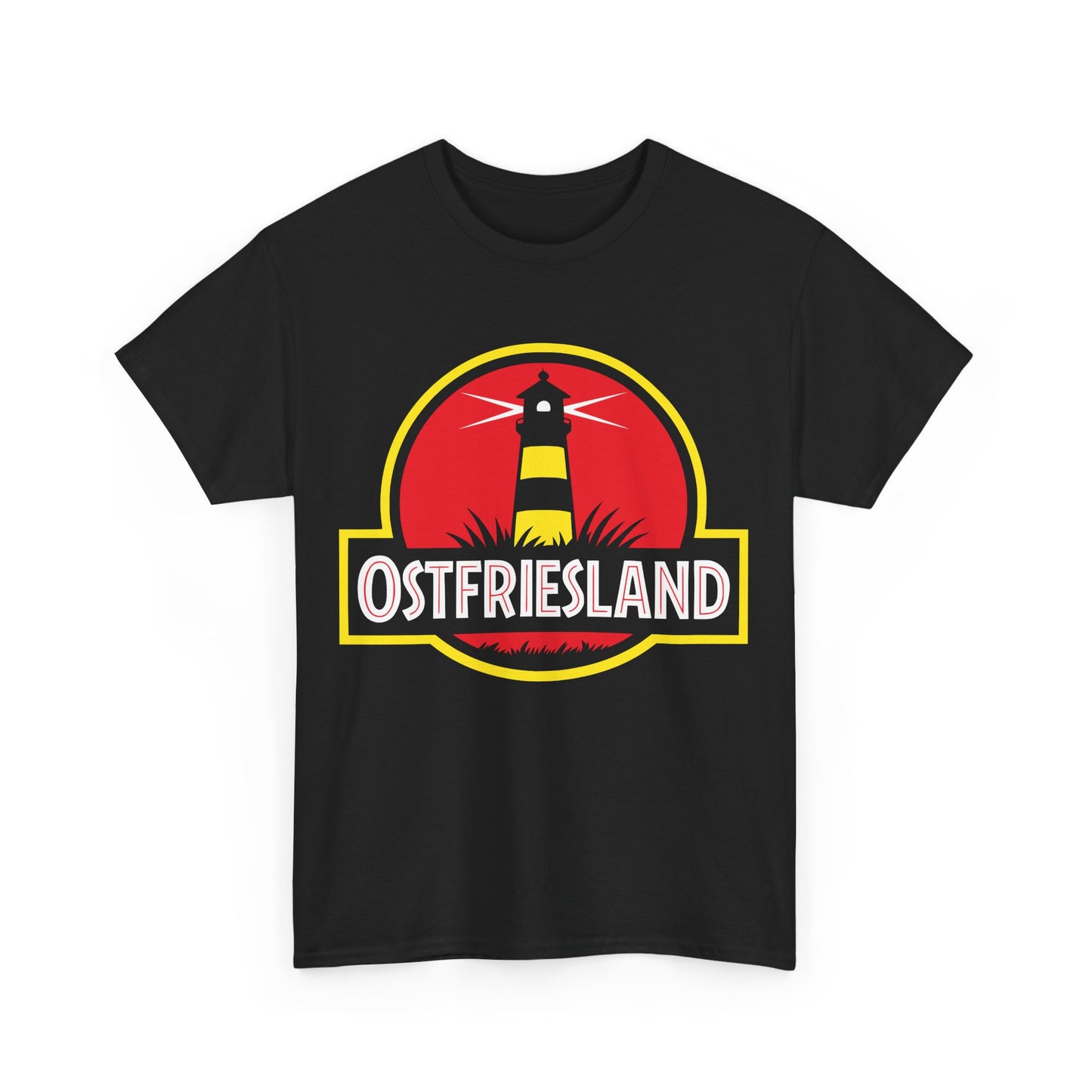 Ostfriesland T-Shirt – Jurassic Style Leuchtturm Design – Unisex Shirt in Schwarz