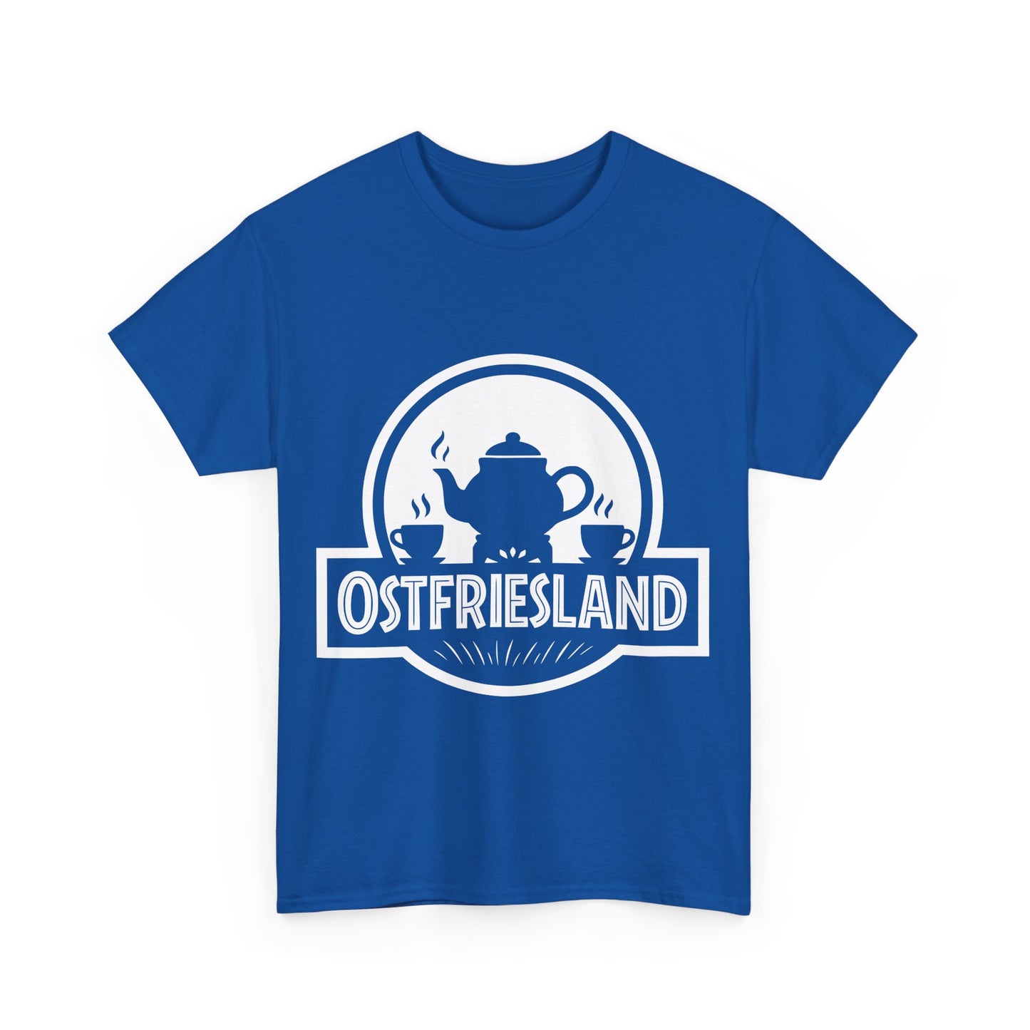 Ostfriesland T-Shirt – Jurassic Style Teekanne Design – Unisex Shirt - Blau