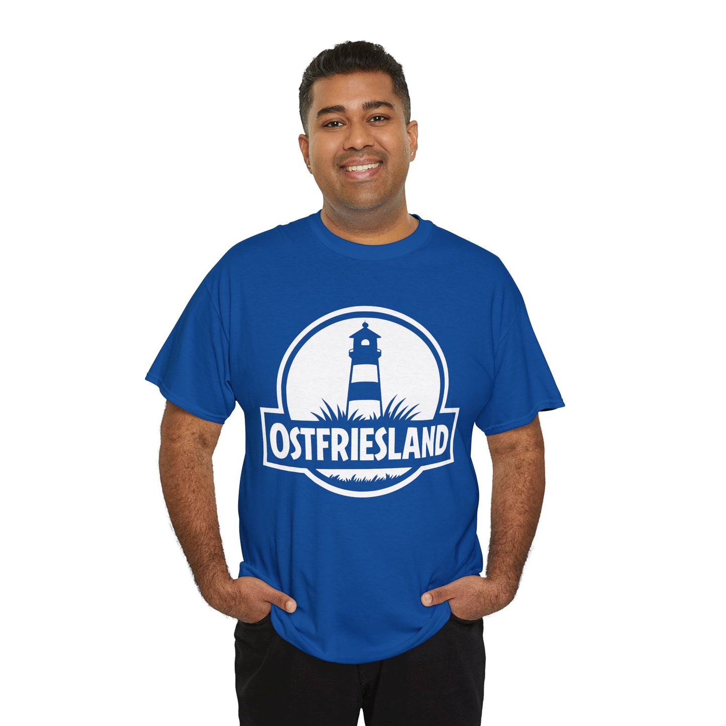 Ostfriesland T-Shirt – Jurassic Style Leuchtturm Design – Unisex T-Shirt - Blau