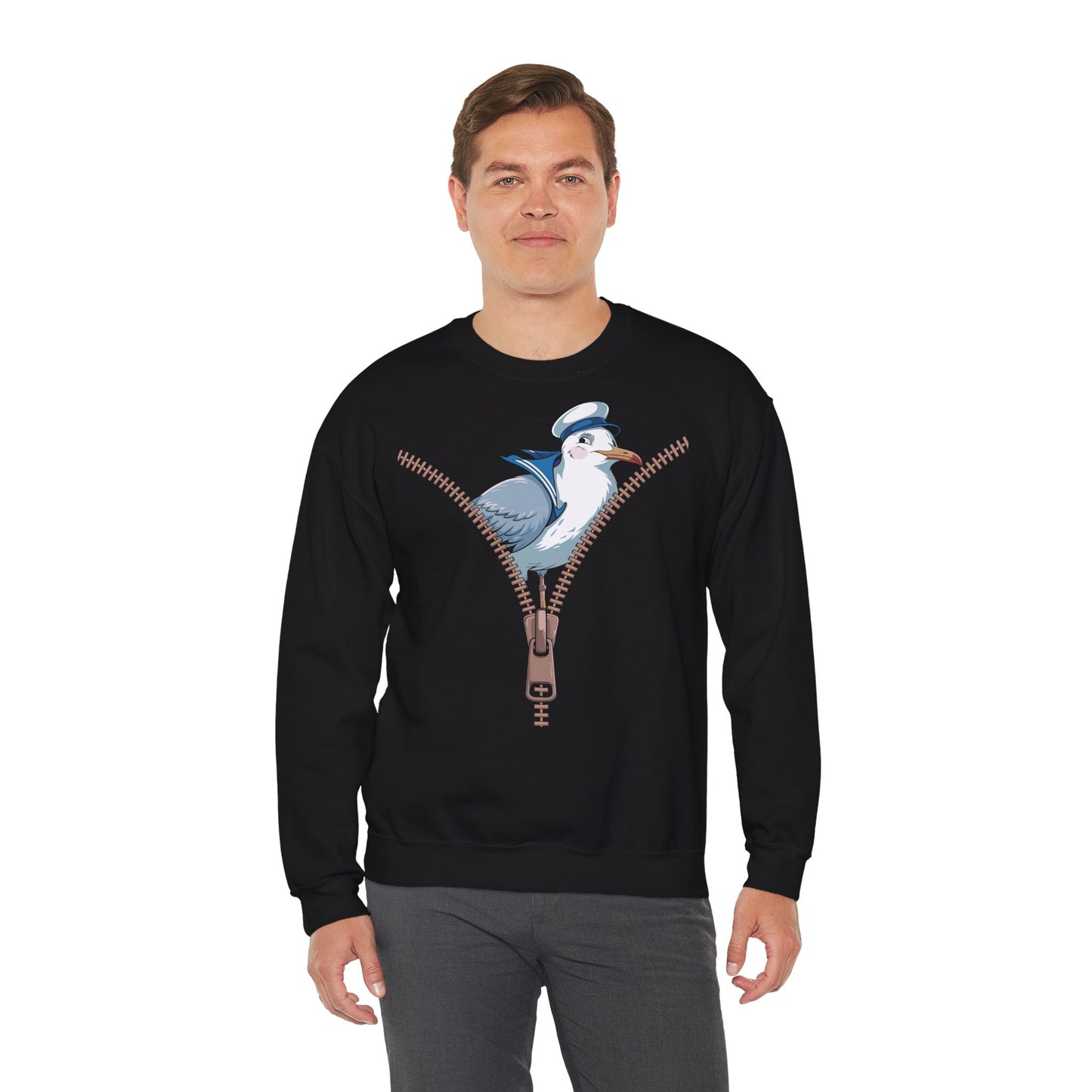 Möwe im Reißverschluss – Maritimes Sweatshirt mit Humor und Möwen-Motiv - Unisex Schwarz