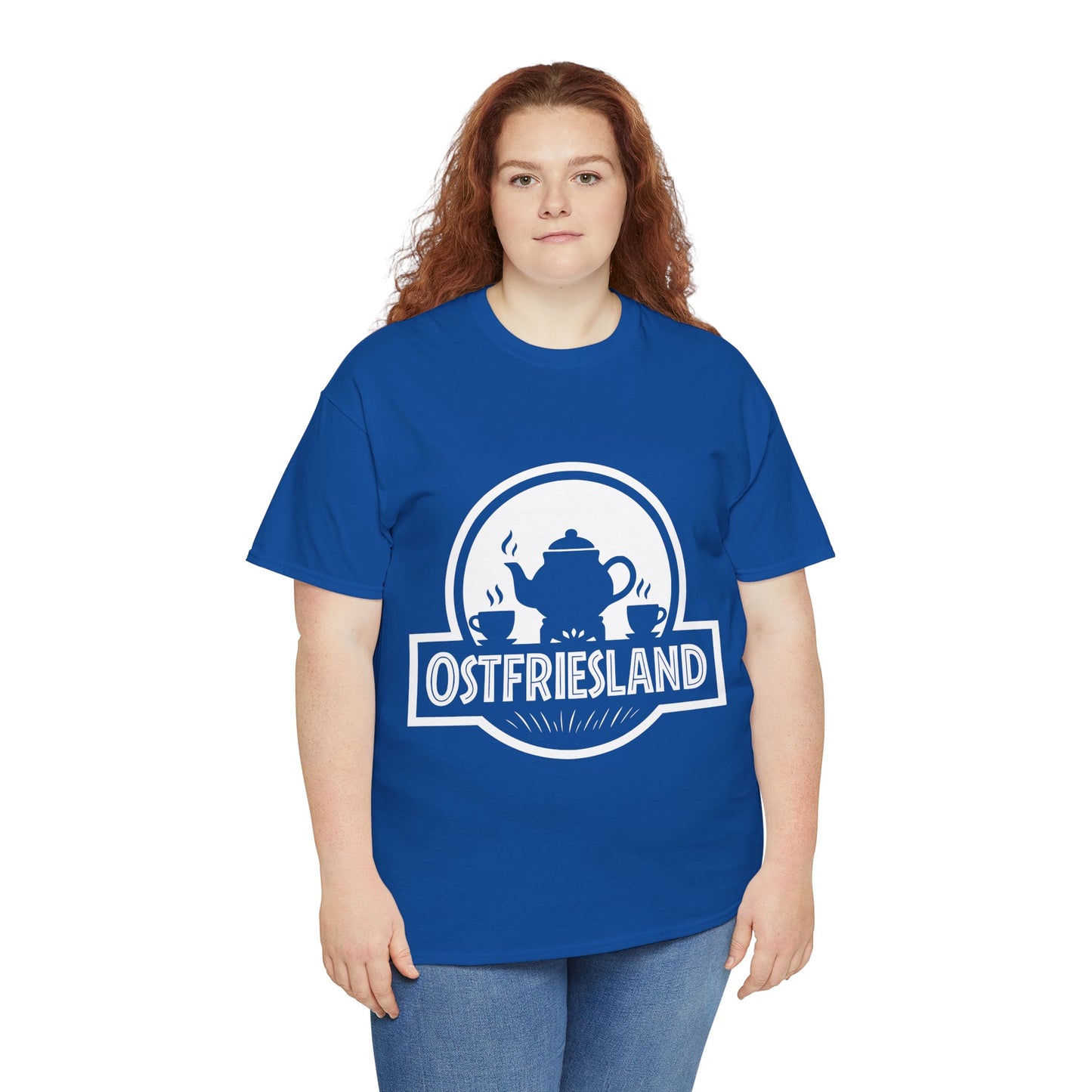 Ostfriesland T-Shirt – Jurassic Style Teekanne Design – Unisex Shirt - Blau