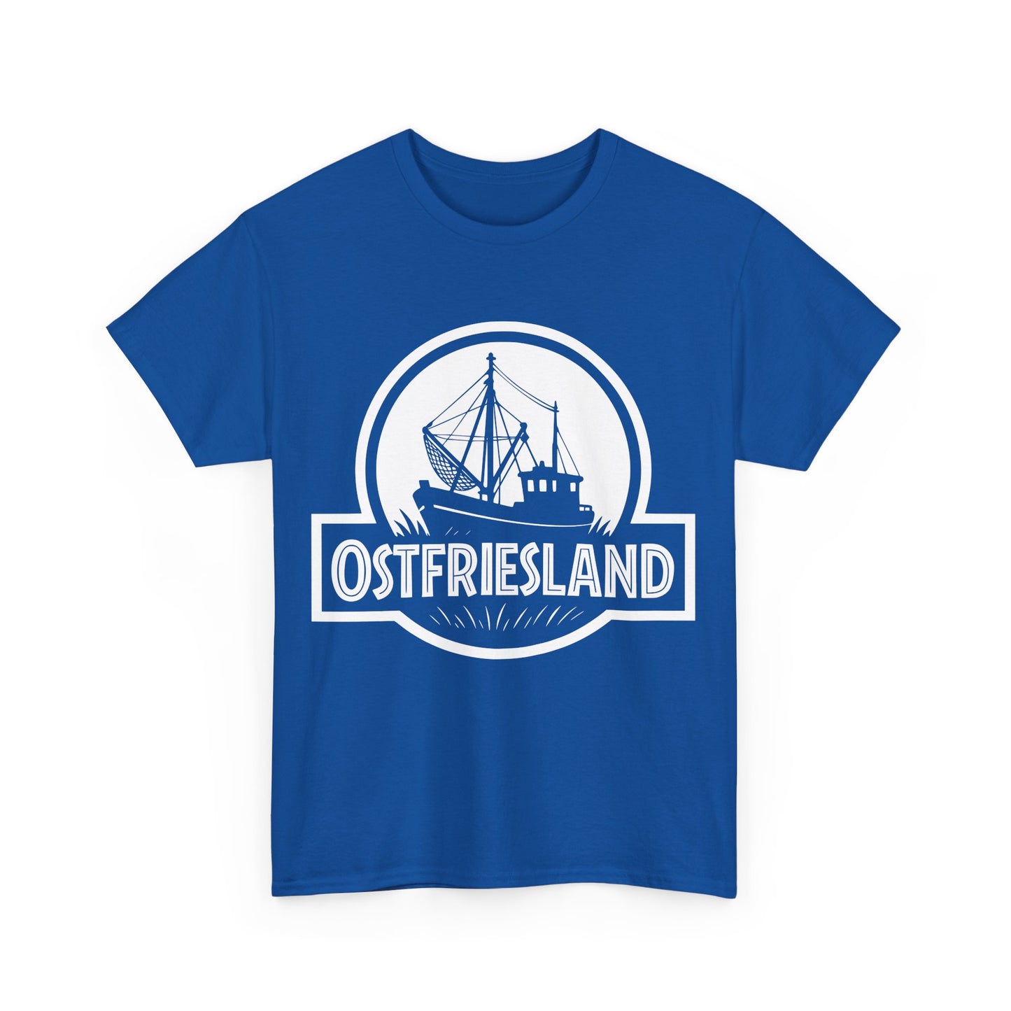 Ostfriesland T-Shirt – Jurassic Style Krabbenkutter Design – Unisex Shirt - Blau
