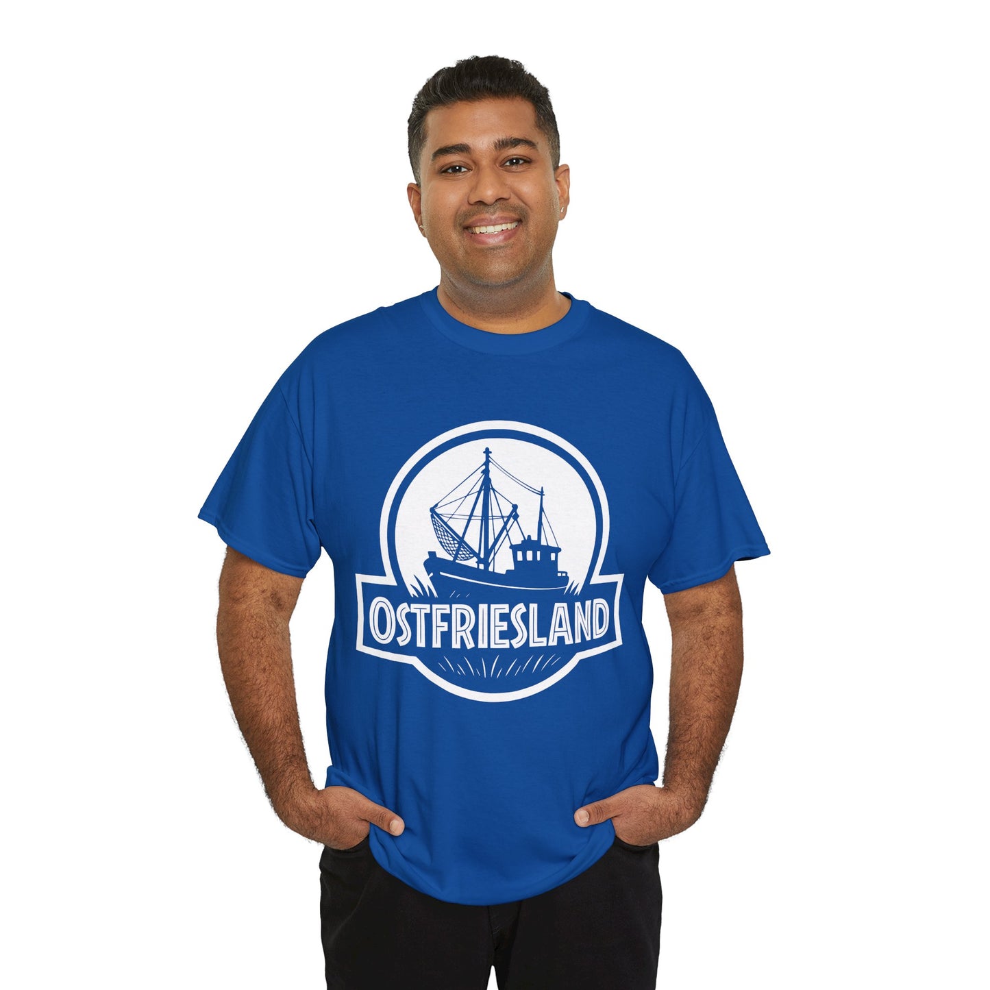 Ostfriesland T-Shirt – Jurassic Style Krabbenkutter Design – Unisex Shirt - Blau