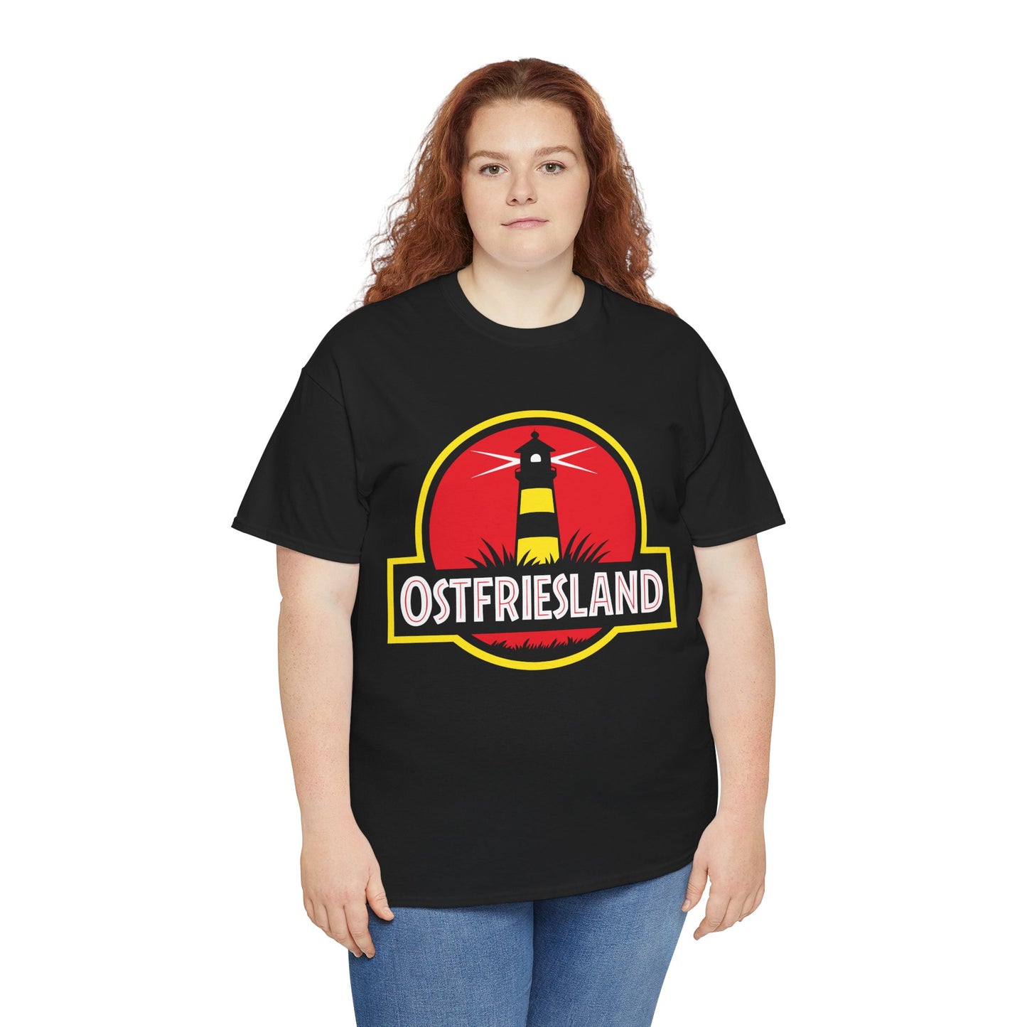 Ostfriesland T-Shirt – Jurassic Style Leuchtturm Design – Unisex Shirt in Schwarz