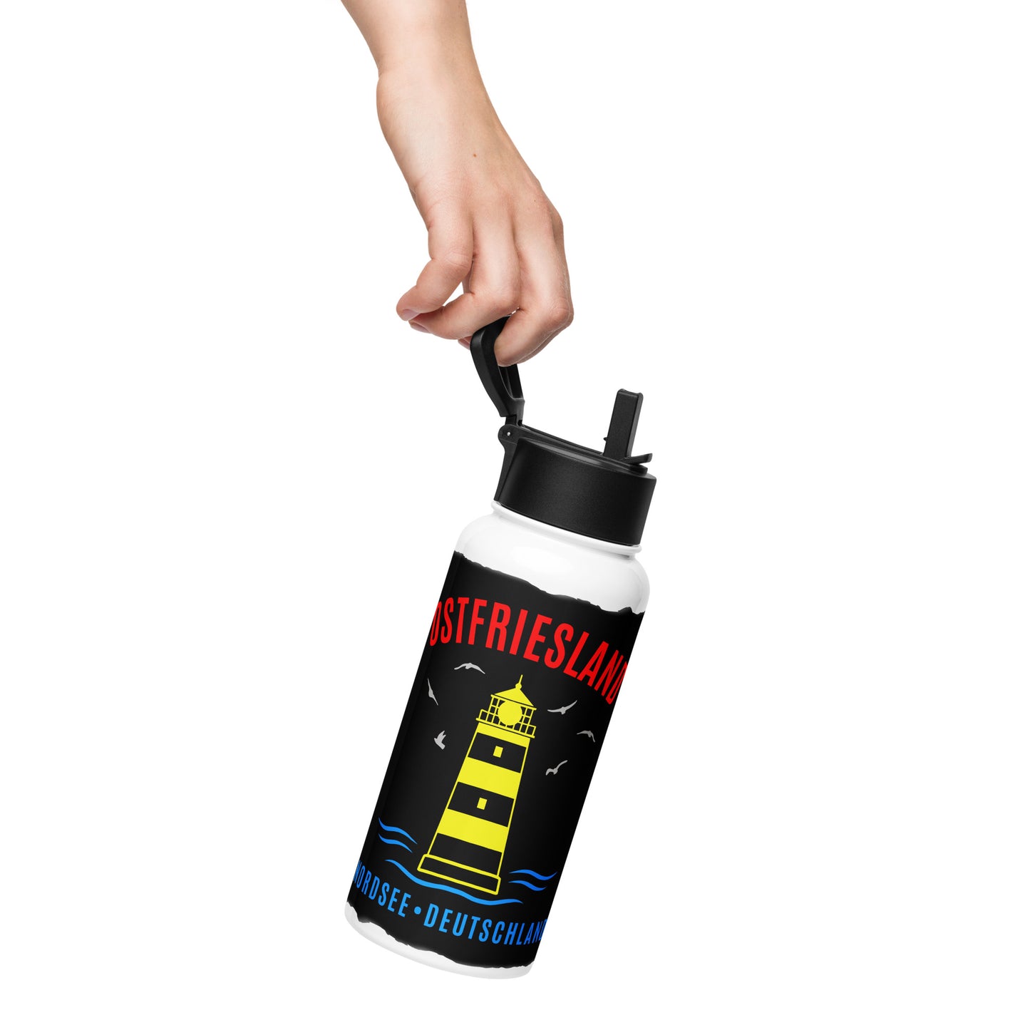Ostfriesland - Leuchtturm – Isolierte Edelstahl-Trinkflasche mit Strohhalm
