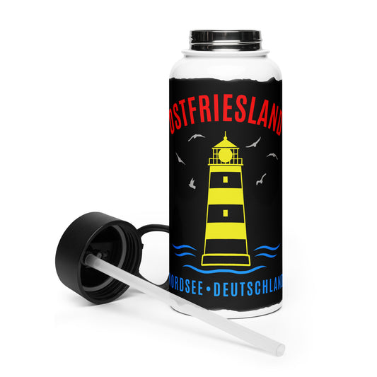 Ostfriesland - Leuchtturm – Isolierte Edelstahl-Trinkflasche mit Strohhalm
