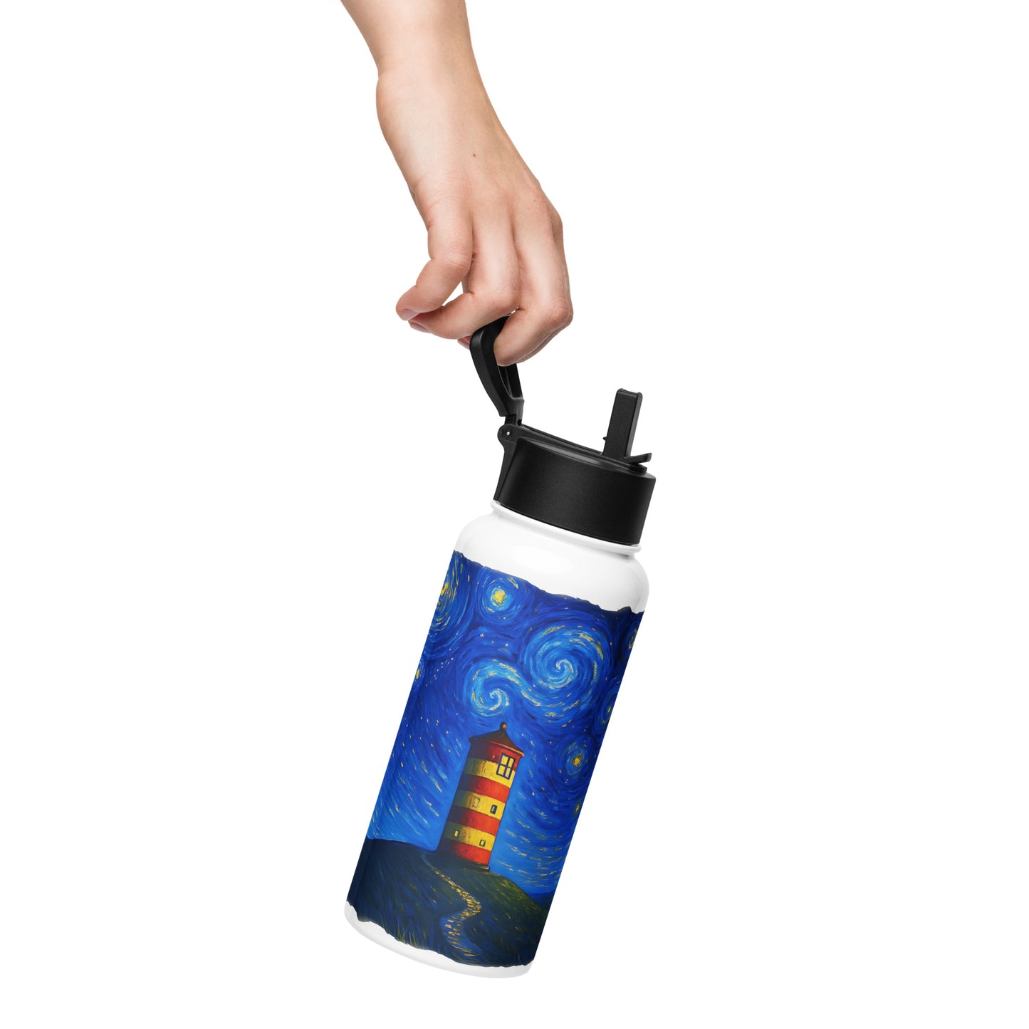 Leuchtturm Pilsum – Sternennacht Edition – Isolierte 950 ml Edelstahl-Trinkflaschemit Strohhalm