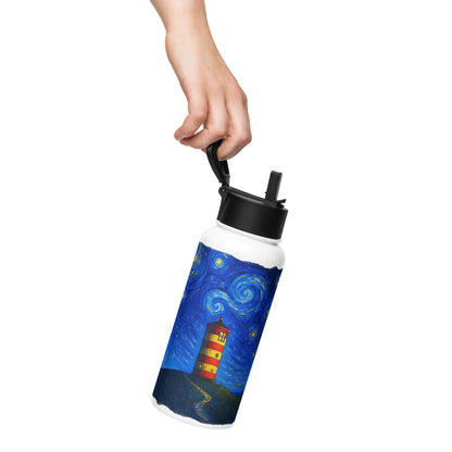 Leuchtturm Pilsum – Sternennacht Edition – Isolierte 950 ml Edelstahl-Trinkflaschemit Strohhalm