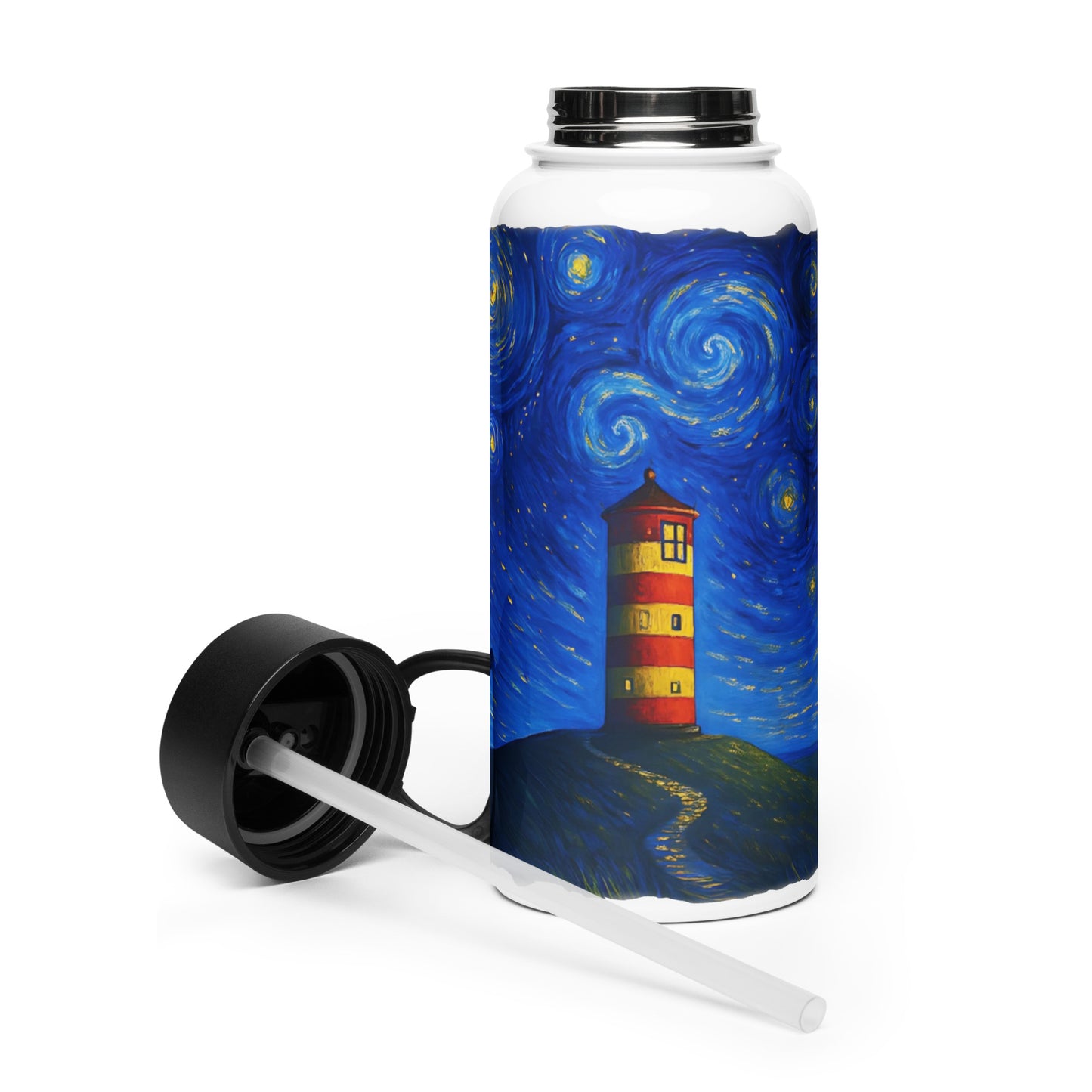 Leuchtturm Pilsum – Sternennacht Edition – Isolierte 950 ml Edelstahl-Trinkflaschemit Strohhalm