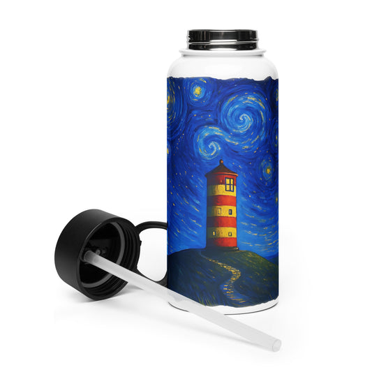 Leuchtturm Pilsum – Sternennacht Edition – Isolierte 950 ml Edelstahl-Trinkflaschemit Strohhalm